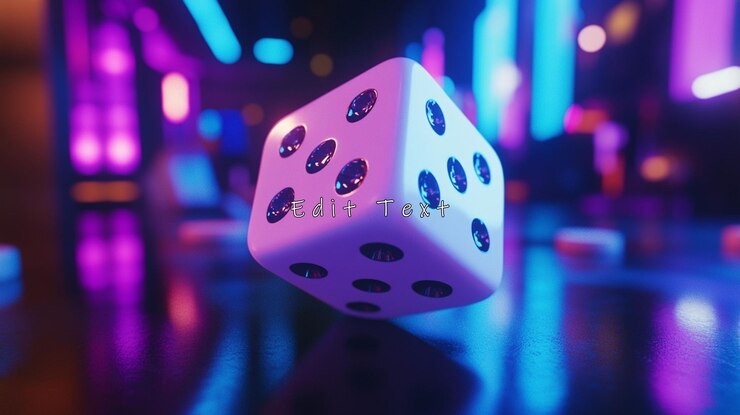 PSD el dado blanco levitando en el casino iluminado con neón
