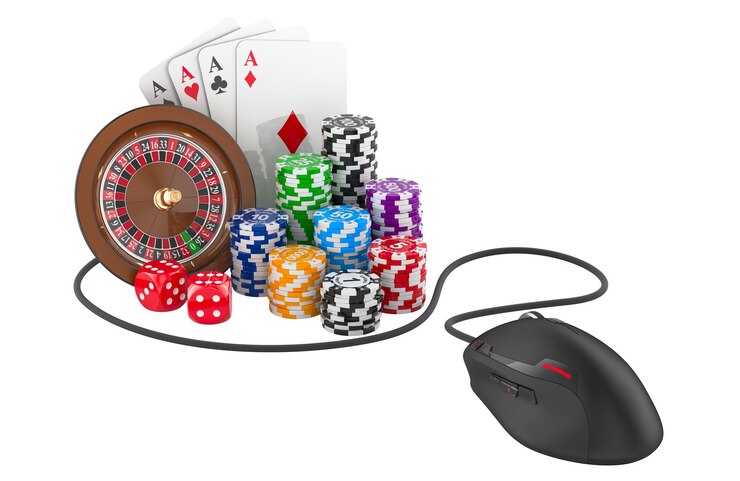 PSD dados de ruleta de casino y fichas con ratón de computadora concepto de juego en línea rendering 3d aislado en fondo transparente