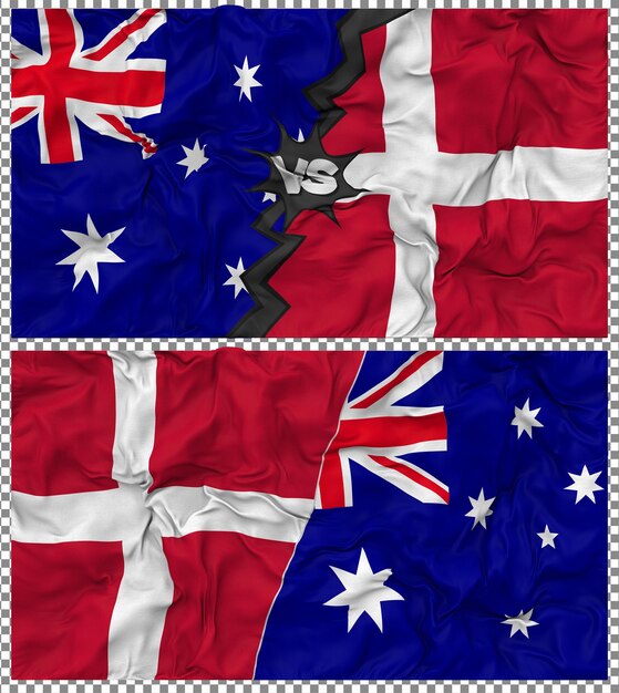 Dänemark gegen Australien Halbkombinierte Flagge Stoff Bump Textur 3D-Rendering