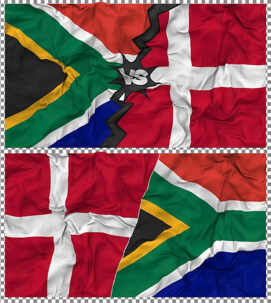 Dänemark gegen Südafrika Halbkombinierte Flagge Stoff-Bump-Textur 3D-Rendering