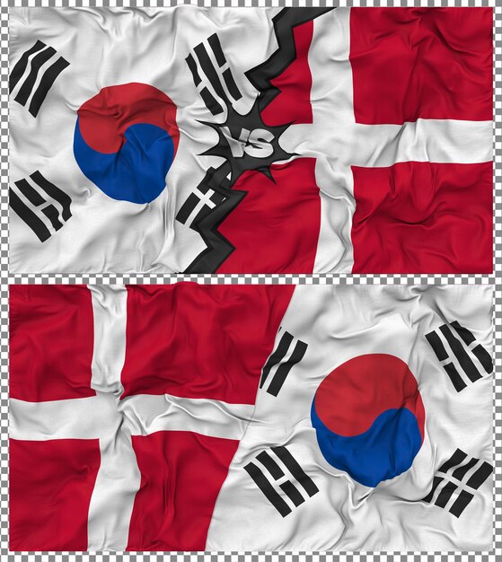 Dänemark gegen Südkorea Halbkombinierte Flagge Stoff-Bump-Textur 3D-Rendering