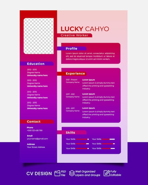 PSD daftar riwayat hidup diseño simple moderno cv diseño de plantilla texto editable color degradado