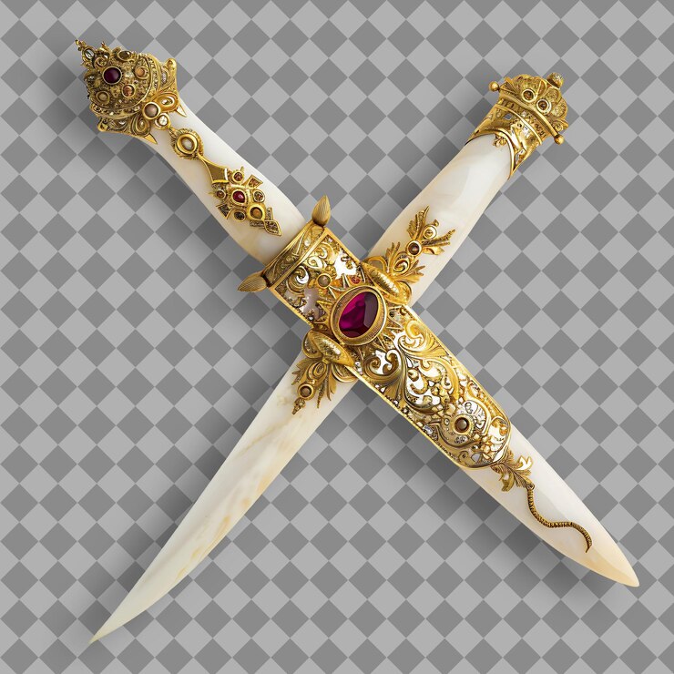 PSD dagger adornado de blanco marfil decorado con filigrana de oro un activo de juego png en un fondo limpio
