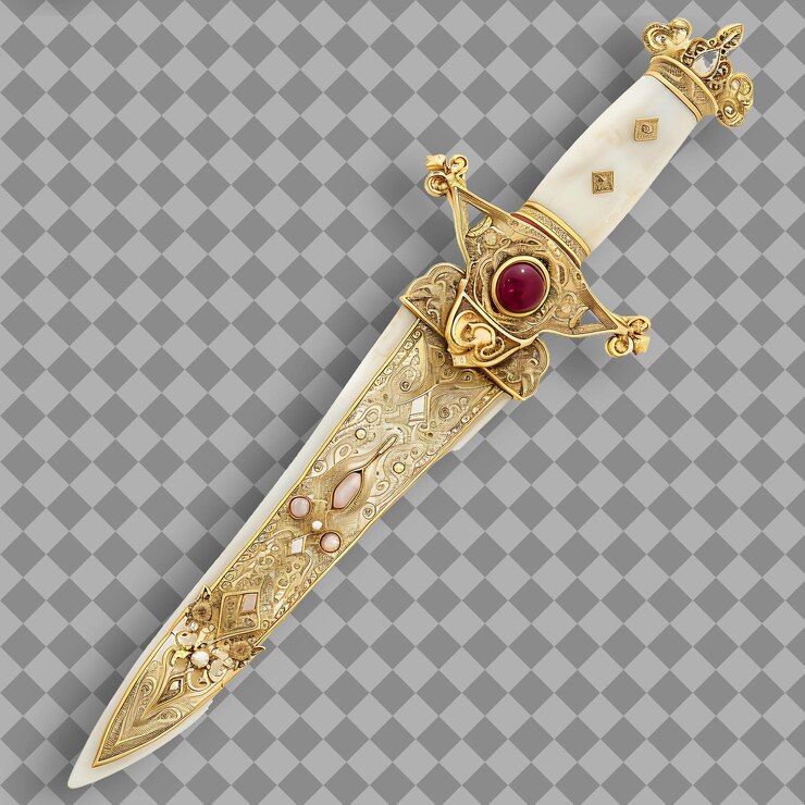 PSD dagger adornado de blanco marfil decorado con filigrana de oro un activo de juego png en un fondo limpio