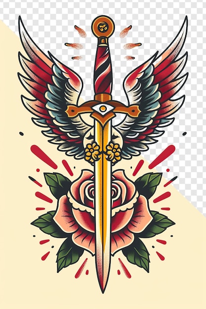 PSD dagger rose eagle wings pintura de tatuagem tradicional clássica