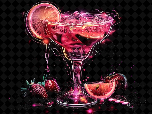 PSD daiquiri électrique rose avec des tranches de fruits en couches candy rose couleur néon nourriture boisson collection y2k