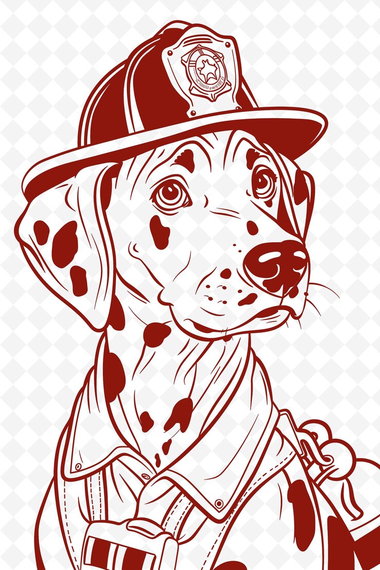 PSD dalmático con sombrero y abrigo de bombero con aspecto valiente y animales colecciones vectoriales de dibujo artístico