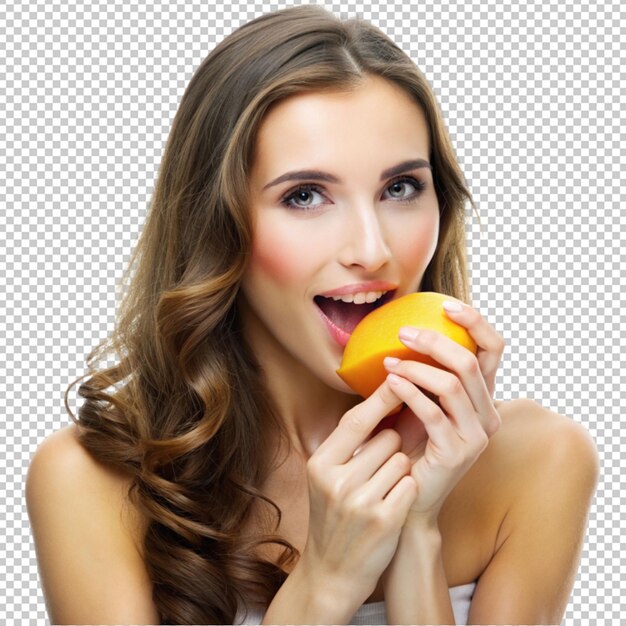 dama de pelo marrón tierna comiendo mango aislado en un fondo transparente