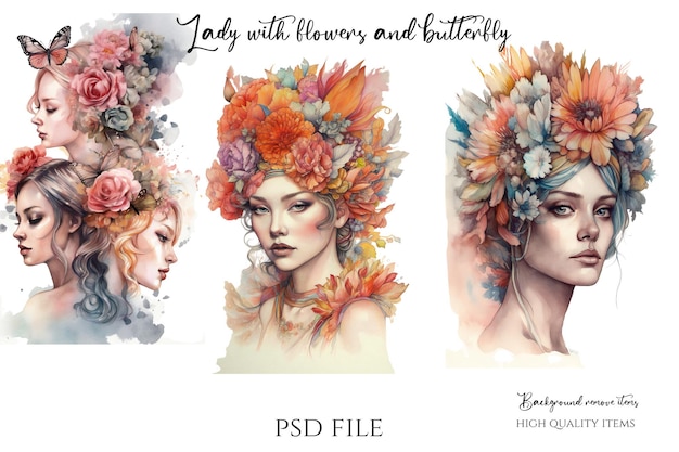 PSD dame à la coiffe florale aquarelle