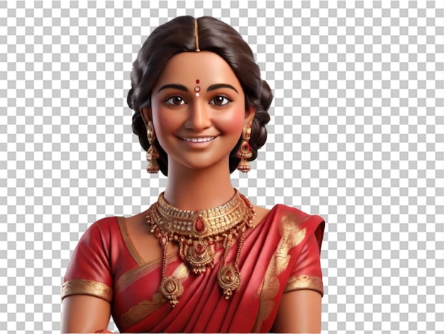 PSD une dame indienne en 3d vêtue de la couleur traditionnelle sur un fond transparent