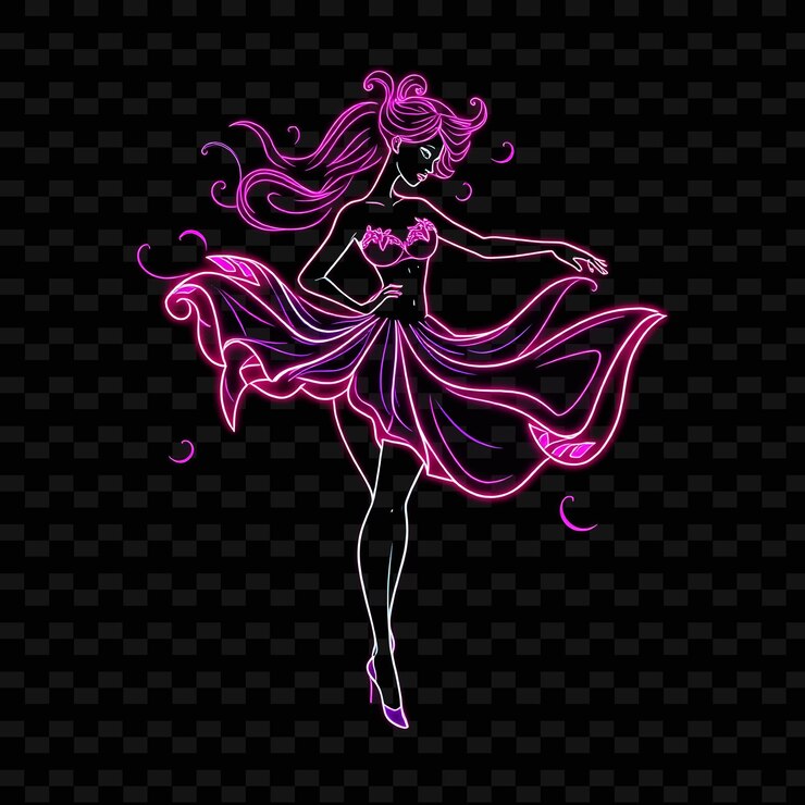 PSD dançarina curva com saia fluente design de arte de fluxo de néon com fuquia vibrante e cor mista violeta