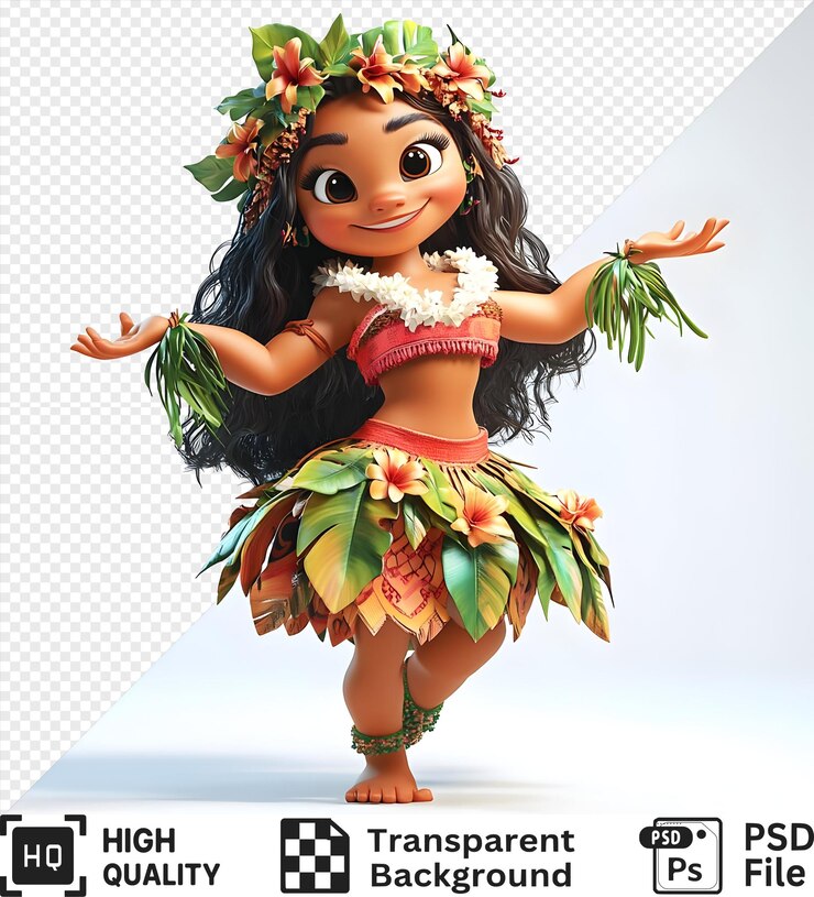 PSD dançarina de hula de desenho animado com lei de flor e saia de grama isolada em fundo transparente