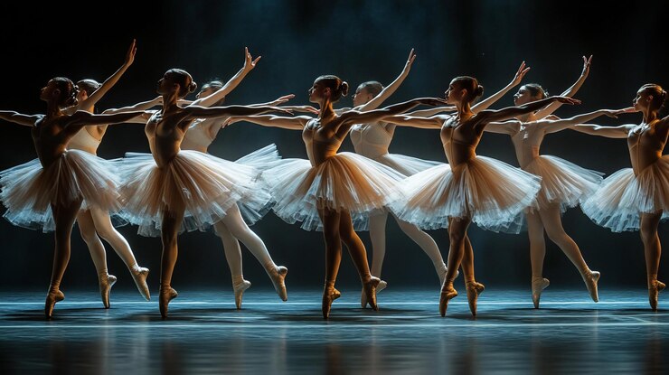 PSD dançarinos de ballet em elegantes tutus se apresentam no palco