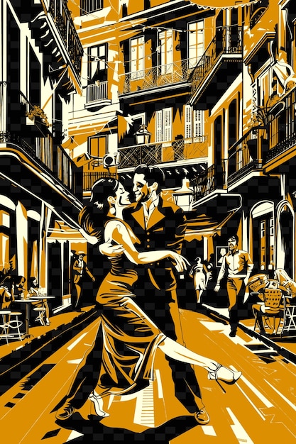 PSD dançarinos de tango se apresentando em uma rua de buenos aires com cafés ilustração designs de cartazes de música