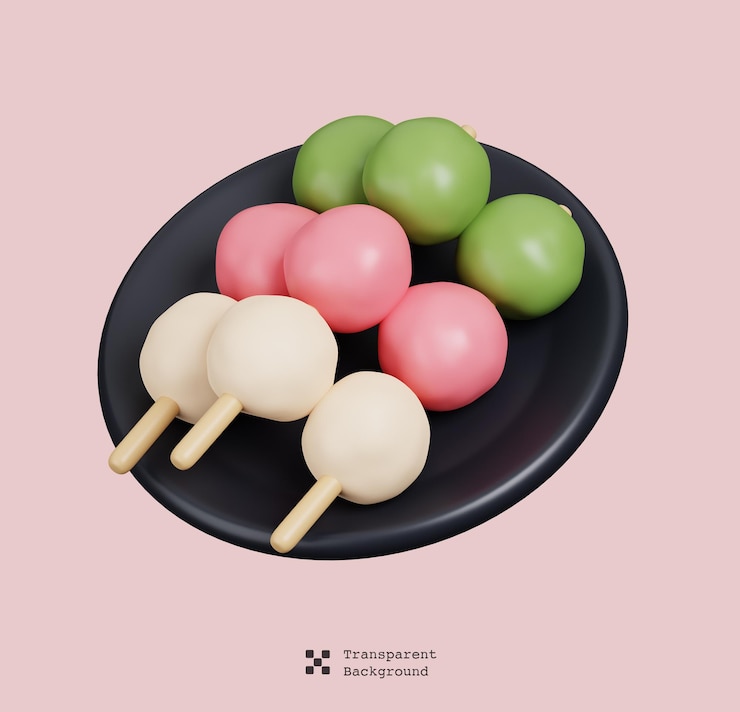 PSD dango de dibujos animados en un tablero de pizarra negra icono mínimo de comida japonesa representación 3d