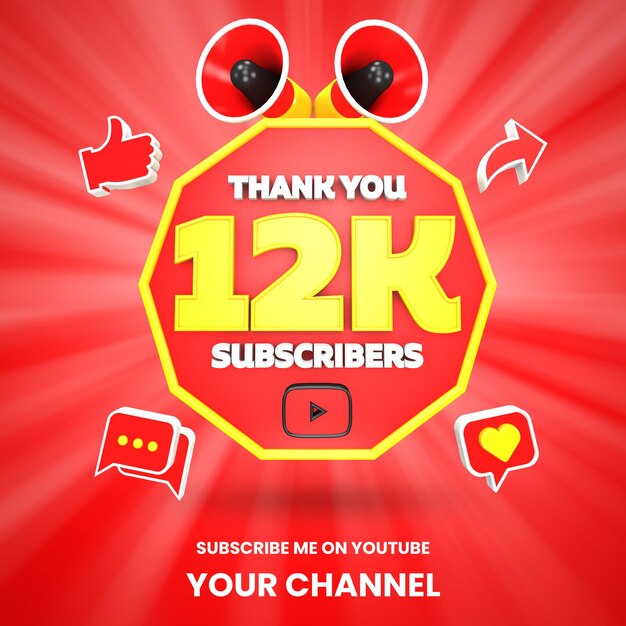 Danke 12k Youtube-Abonnenten Feier 3D-Rendering isoliert