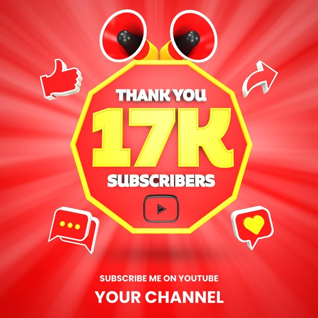 Danke 17k Youtube-Abonnenten Feier 3D-Rendering isoliert