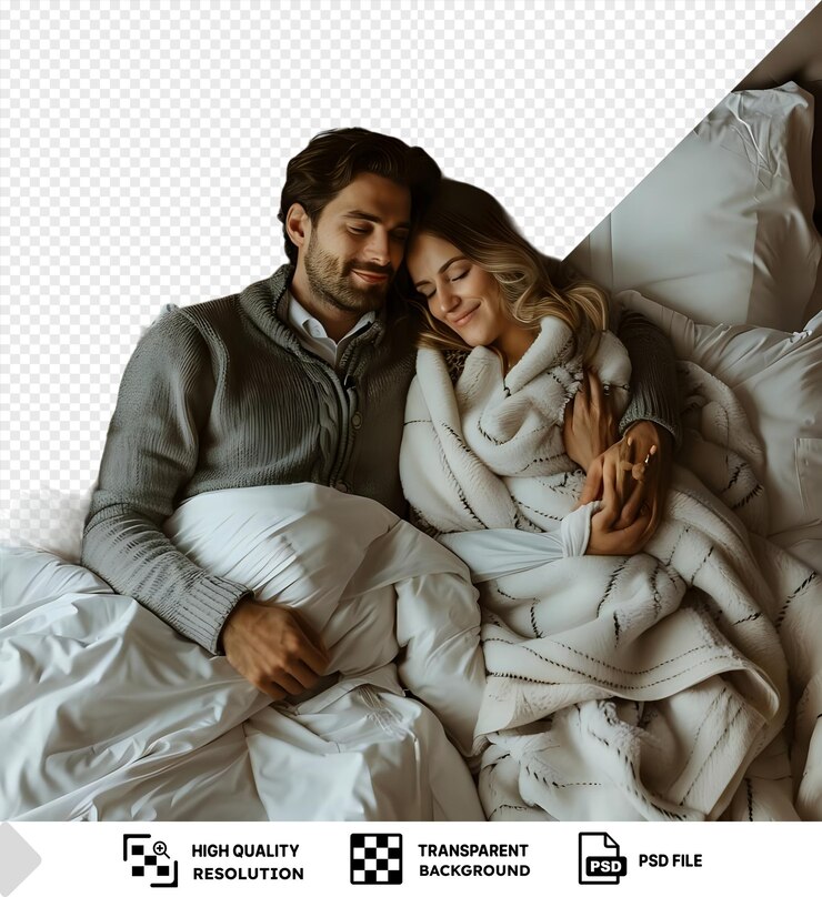 PSD dans une chambre d'hôtel transparente, un homme et une femme partagent un lit confortable orné d'oreillers et de couvertures blancs.