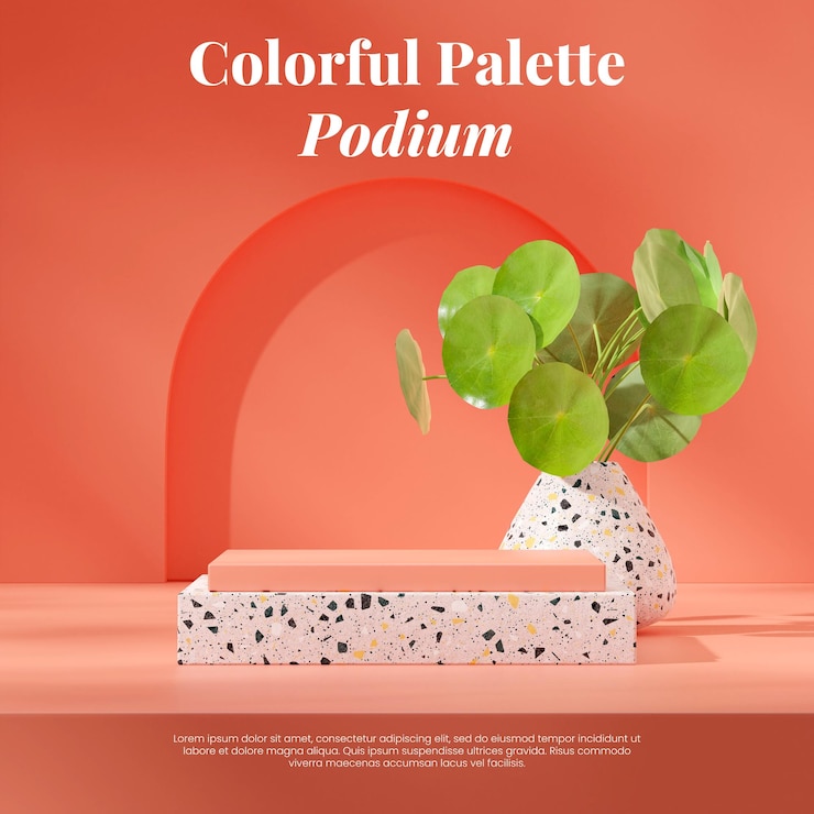 PSD dans le mur de corail orange carré et la plante verte modèle de scène de rendu 3d podium de texture de terrazzo