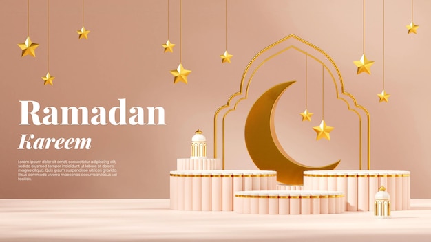 Dans Le Paysage Lune, étoiles Et Lampe Ramadan Kareem, Maquette De Scène De Rendu 3d Podium Rose Blanc