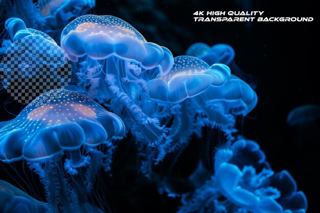 Dans Les Profondeurs De L'océan, Des Organismes Bioluminescents Brillent Sur Un Fond Transparent.
