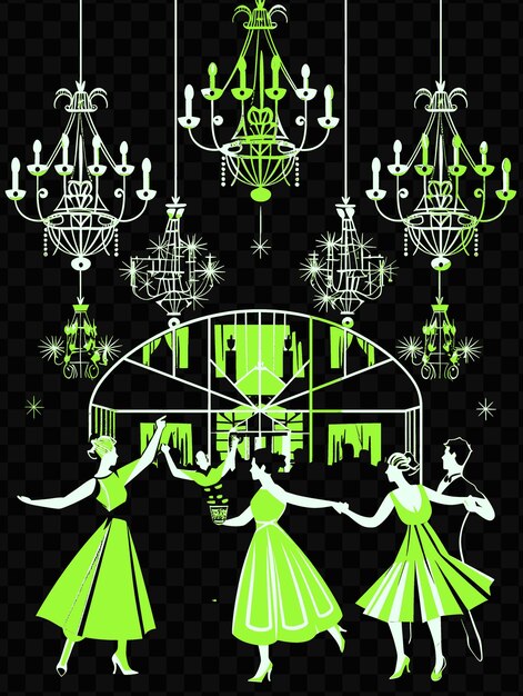 PSD des danseurs swing se produisent dans une salle de bal avec des lustres et une carte postale de la journée mondiale de la musique