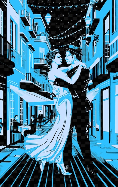 PSD des danseurs de tango se produisant dans une rue de buenos aires avec des cafés illustration des affiches de musique
