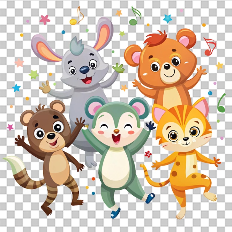 PSD danza del deleite arte vectorial caprichoso con animales lindos aislados en un fondo transparente