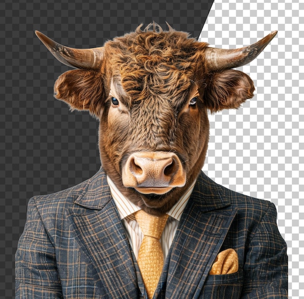 PSD dapper-bull in kariertem anzug und krawatte auf transparentem hintergrund png