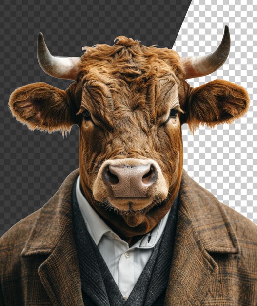Dapper-bull in kariertem anzug und krawatte auf transparentem hintergrund png