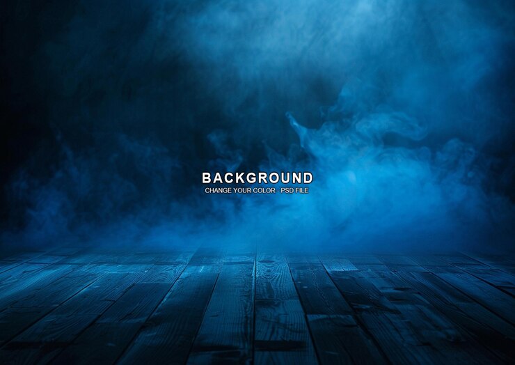PSD dark blue background with fog and empty wooden floor smoke on the ground night scene