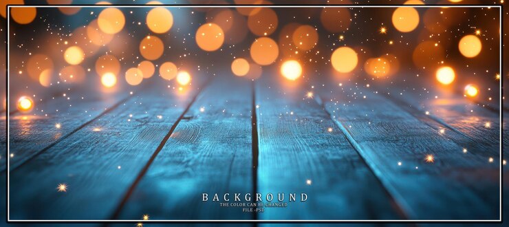 PSD dark blue wooden planks with golden bokeh lights and glitter