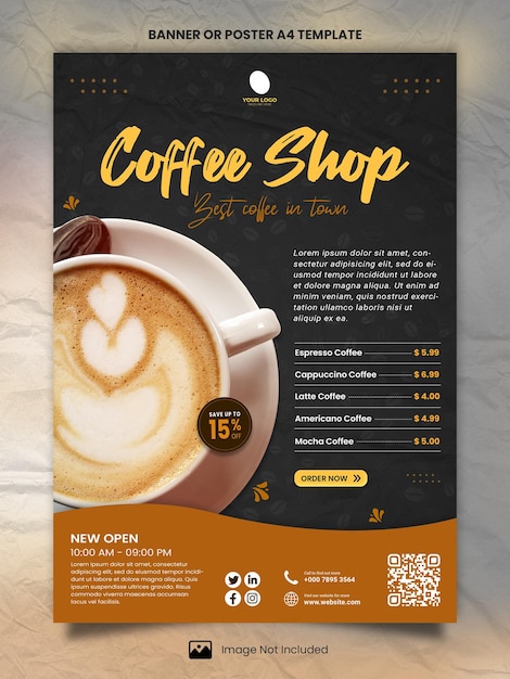 PSD dark coffee shop poster a4 ou modèle de bannière