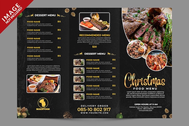 PSD dark vintage christmas trifold food menu broschürenvorlage