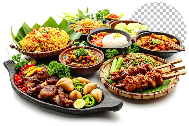 PSD das asiatische essen und das berühmte indonesische essen, isoliert auf durchsichtigem hintergrund