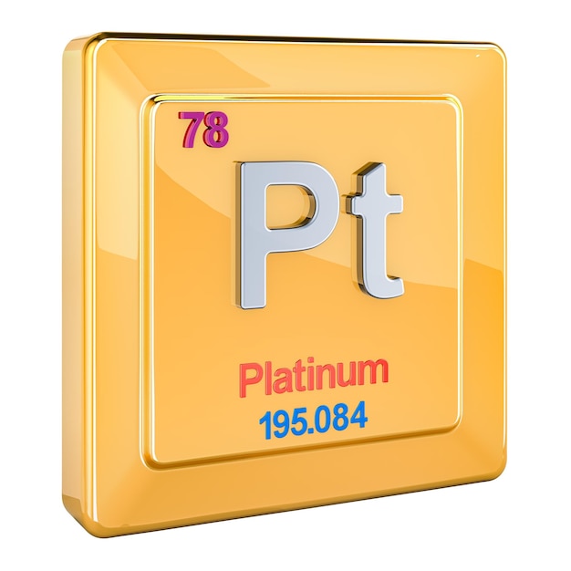 Das chemische Elementzeichen Platin Pt mit der Nummer 78 im Periodensystem 3D-Rendering isoliert auf transparentem Hintergrund isoliert Auf weißem Hintergrund