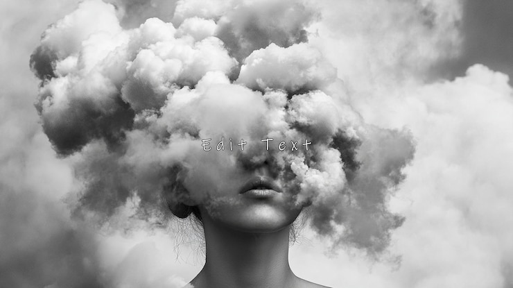 PSD das gesicht einer frau, das von wolken verdeckt ist, ist ein surrealistisches monochromes porträt