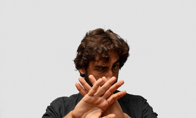 das Gesicht mit der Hand bedecken und die andere Hand vorne legen, um die Kamera zu stoppen, Fotos oder Bilder ablehnen