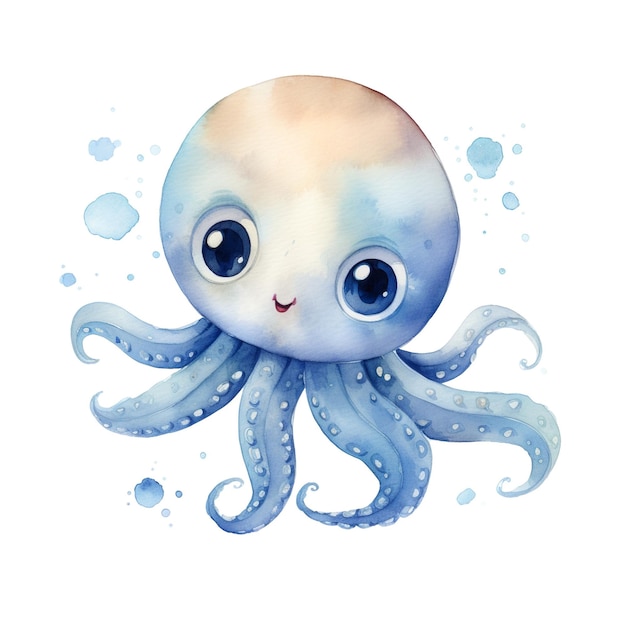 PSD das ist eine charmante aquarell-illustration eines niedlichen blauen oktopus mit großen augen und tentakeln