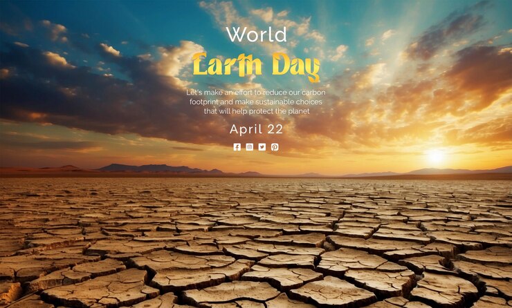 PSD das konzept des earth day-konzepts knackt trockenes land bei sonnenuntergang an einem hintergrund mit himmelsstruktur