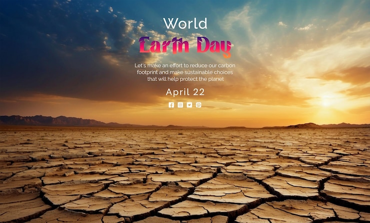 PSD das konzept des earth day-konzepts knackt trockenes land bei sonnenuntergang an einem hintergrund mit himmelsstruktur