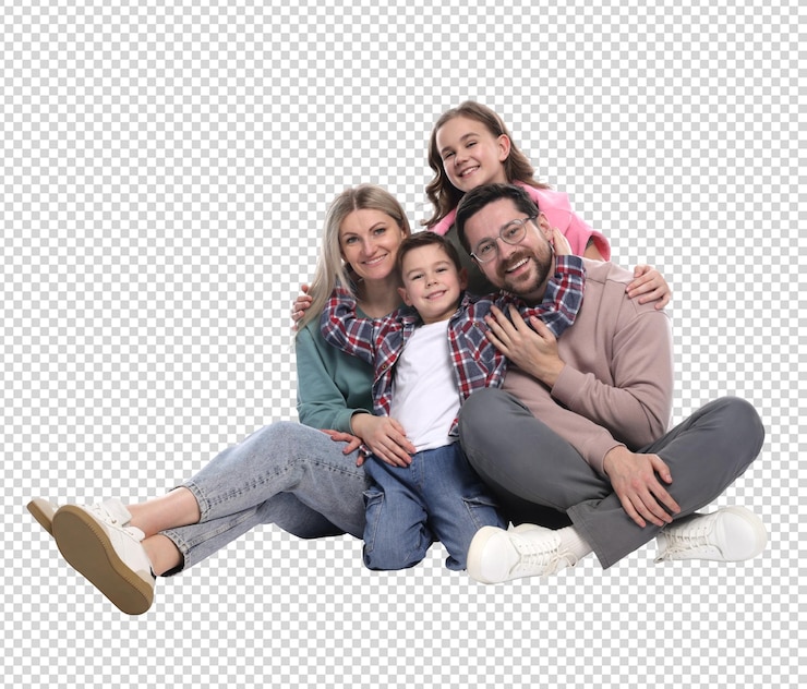 PSD das porträt einer glücklichen familie, die zusammen sitzt
