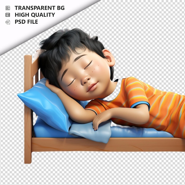 PSD das schlafende asiatische kind 3d-cartoon-stil mit weißem hintergrund