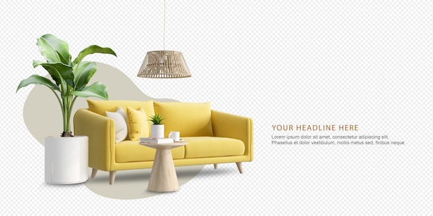 Das Wohnzimmer hat ein Sofa in 3D-Rendering