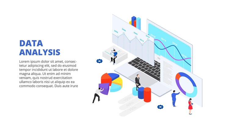 PSD data analysis design concept with people and laptop isometric illustration