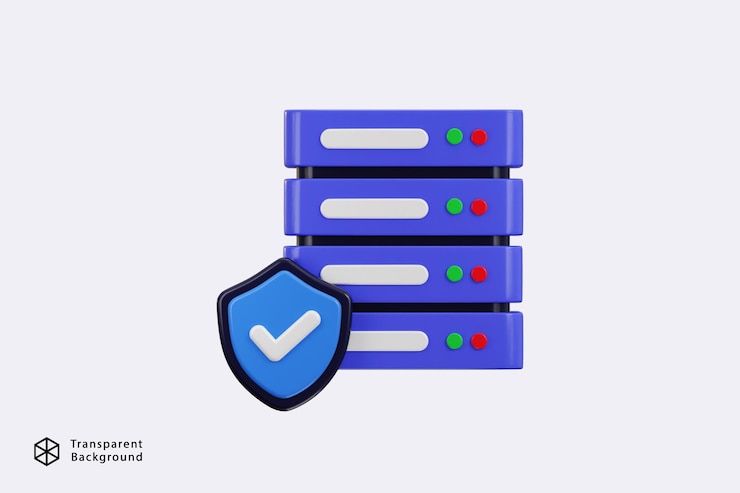 PSD data center with protect shield icon server 3d icon server data web hosting secure icon