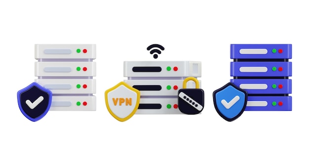 data center with protect shield icon set server 3d icon server data web hosting cloud storage