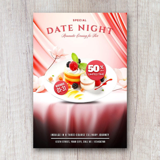 Data noite menu de comida especial folheto de restaurante banner de mídia social