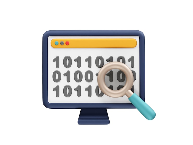 PSD data search analysis binary code on computer monitor icon 3d render illustration