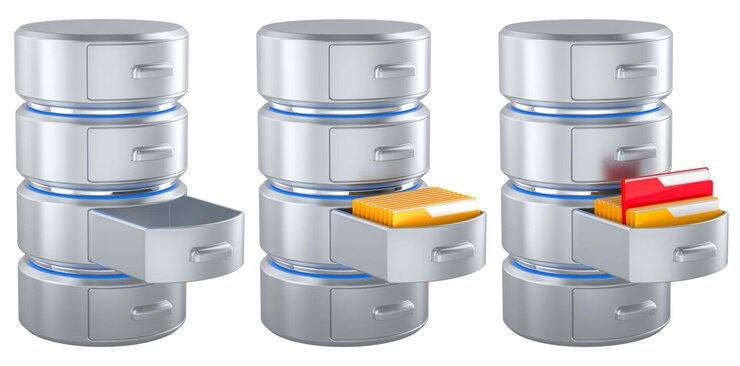 PSD database empty and databases with folders inside 3d rendering isolated on transparent background
